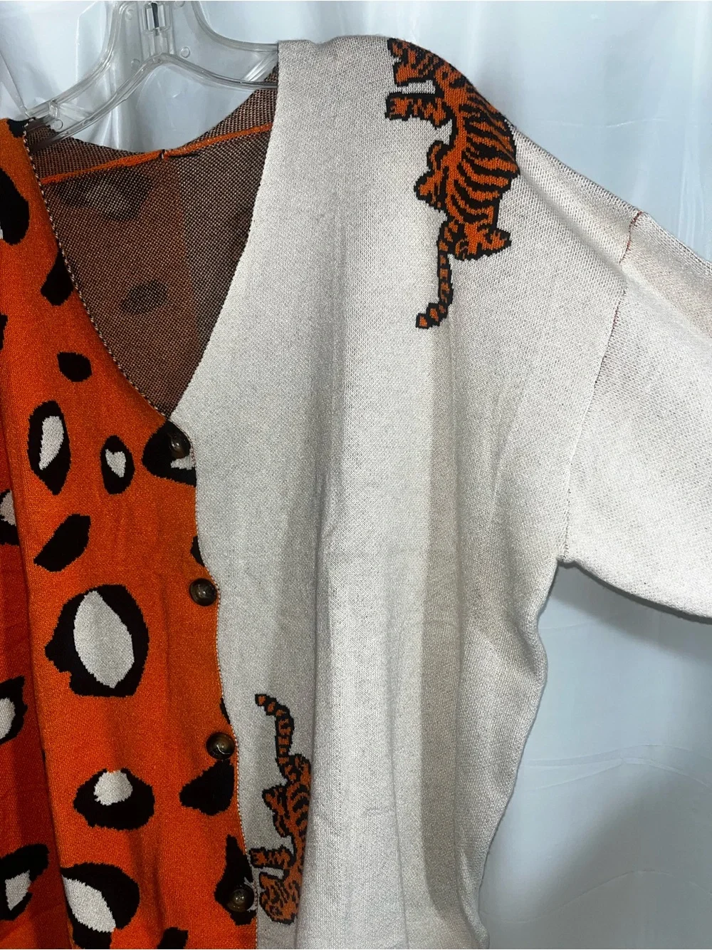 Orange and Cream Leopard-Tiger Button Down Cardigan Sweater - Women
